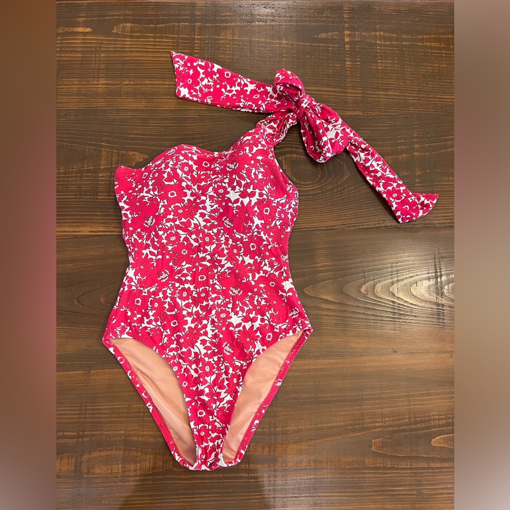 Bow one-shoulder one-piece swimsuit in pink floral - JCrew size 4